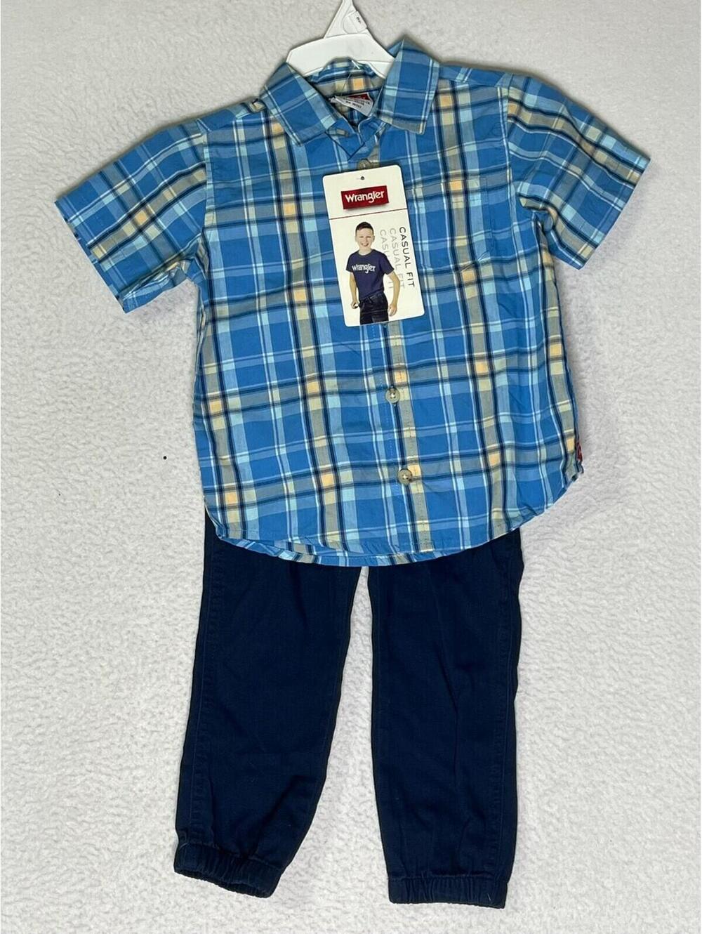 Wrangler Blue 2 Piece Set Dos Piezas Plaid Shirt Casual Fit Kids Size 3T